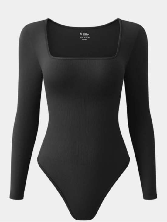 OQQ Tops - OQQ Size M Black Sexy Ribbed Square Neck Long Sleeve Bodysuit